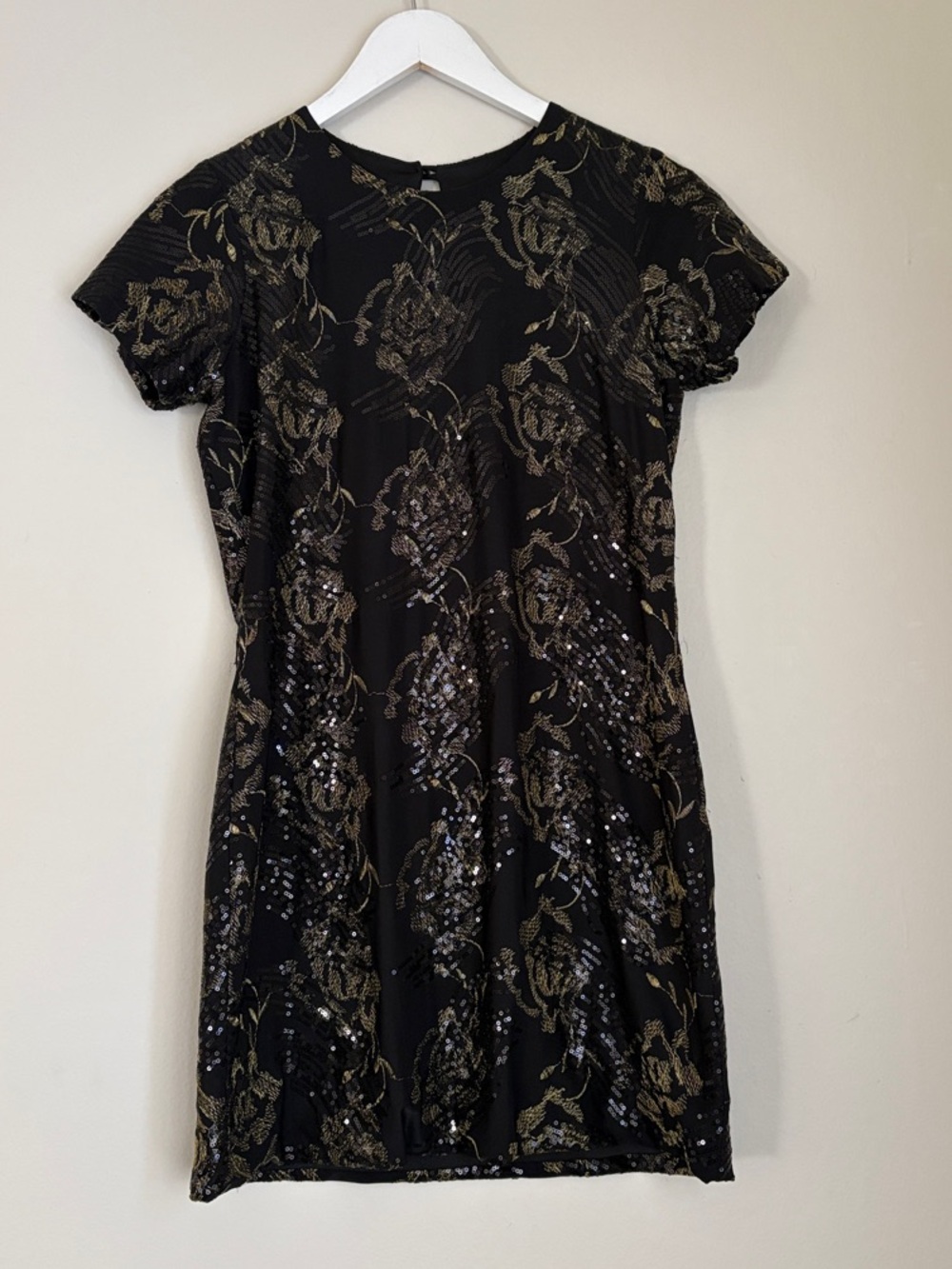 Black Mini Dress with Gold Sequin Floral Overlay
